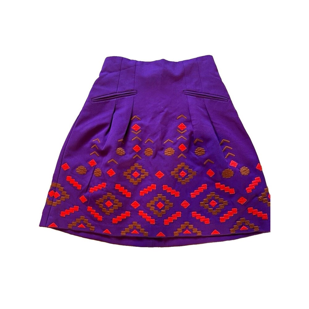 Nanette Lepore Purple modern Aztec boho Pleated A Line Skirt High Rise Sz 0